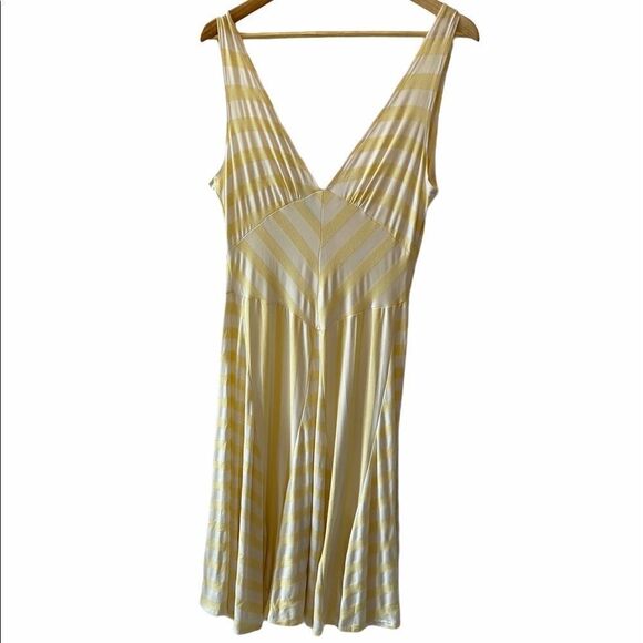 Yellow & Cream Striped Stretch Deep V MIDI Dress M - Picture 1 of 8